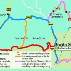 Mapa pokazuje drogę Oswalda Balzera z Zakopanego do Morskiego Oka, z objazdami i informacjami o ruchu drogowym.