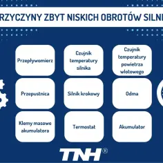 Przyczyny niskich obrotów silnika: przepływomierz, czujniki temperatury, przepustnica, silnik krokowy, odma, termostat, akumulator. Unikaj biegu jałowego.