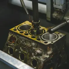 Precyzyjne honowanie cylindra silnika, z płynem chłodzącym wylewającym się na metal.