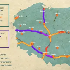 Mapa Polski z zaznaczonymi odcinkami dróg. Fioletowe linie to opłaty na A4 i innych trasach, pomarańczowe to istniejące, czerwone w budowie, szare planowane.