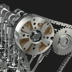 Mechanizm rozrządu silnika z wałkiem krzywkowym i kołem zębatym, napędzany łańcuchem. Kluczowy element dla momentu obrotowego.