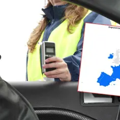Policjantka z alkomatem w ręku sprawdza kierowcę. Obok mapa Europy z dopuszczalną ilością alkoholu we krwi.