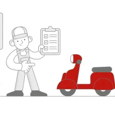 Mechanik z listą kontrolną obok czerwonego skutera. Zastanawiasz się, ile kosztuje przegląd skutera? Sprawdź kalendarz!
