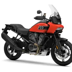 Pomarańczowy Harley Pan America gotowy na przygodę.
