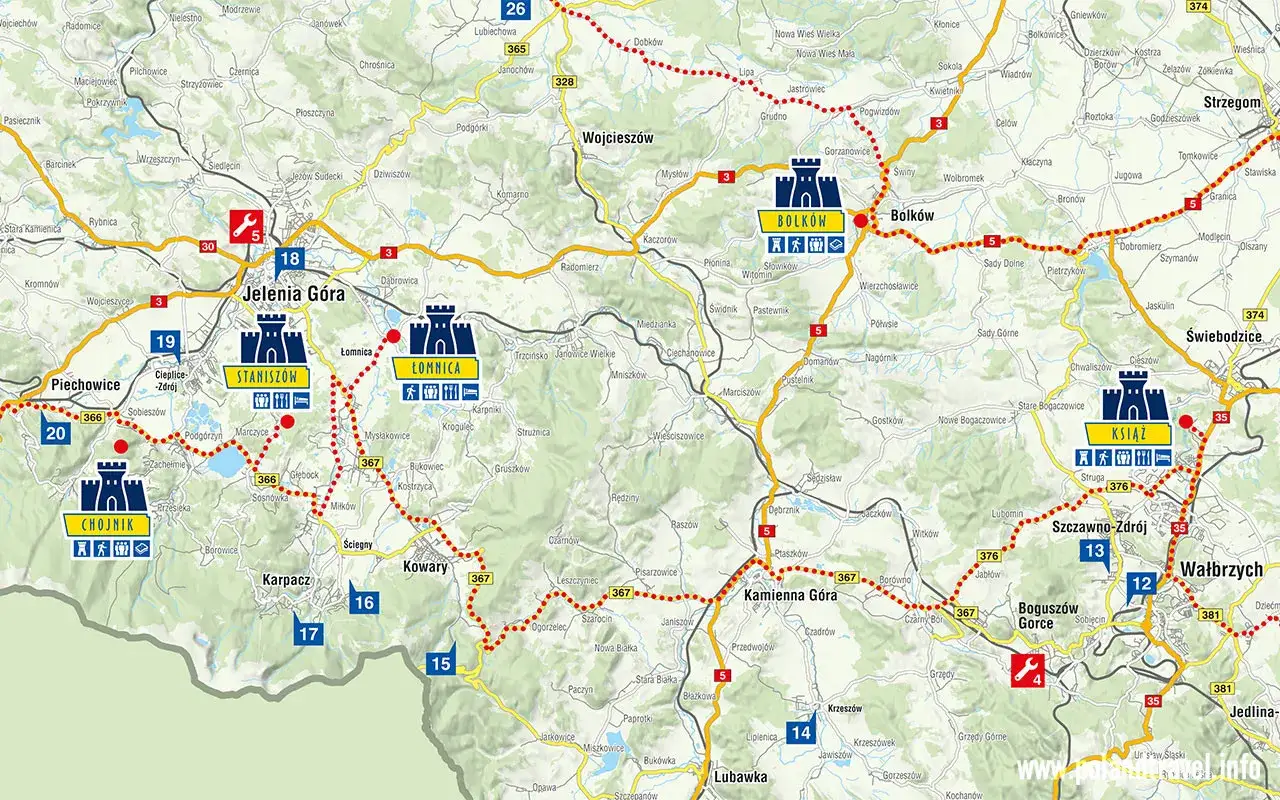 Mapa turystyczna z zaznaczonym szlakiem Orlich Gniazd, prowadzącym przez zamki Chojnik, Staniszów, Łomnicę, Bolków i Książ.