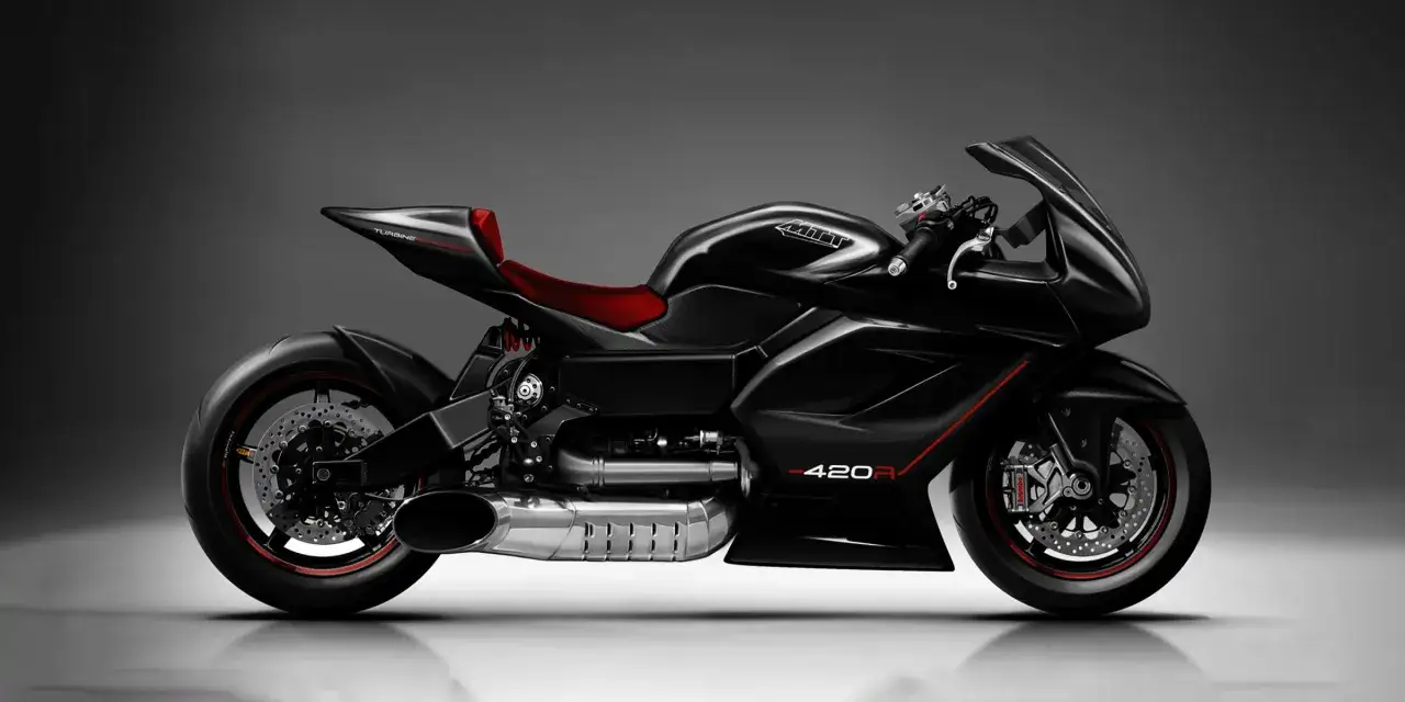 Czarny, sportowy motocykl z czerwonym siedzeniem, o aerodynamicznym kształcie. Wygląda jak najszybszy motor na świecie.