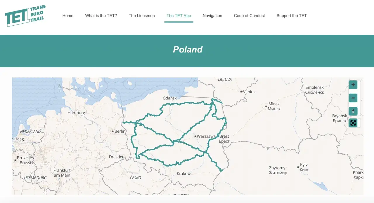 Mapa Polski z zaznaczonymi trasami Trans Euro Trail. Widoczne miasta: Warszawa, Berlin, Gdańsk, Kraków.
