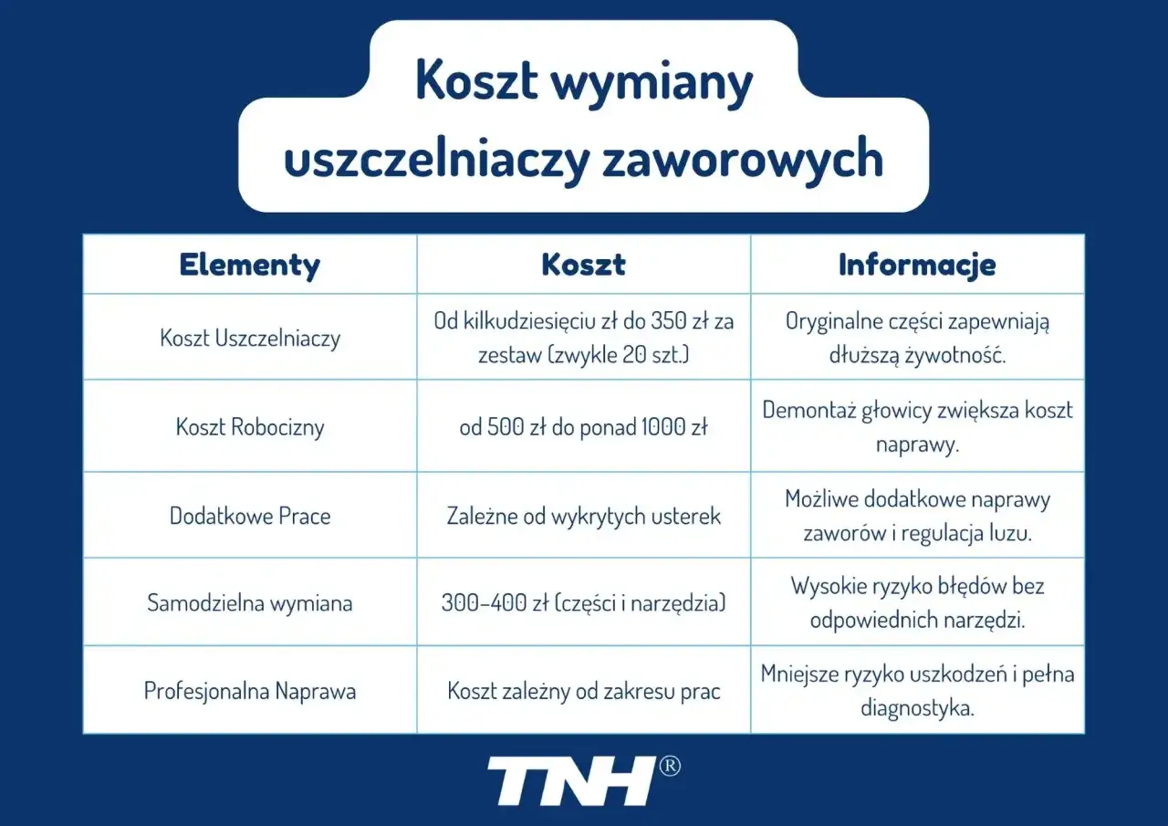 Tabela kosztów wymiany uszczelniaczy zaworowych. Objawy zużycia mogą prowadzić do wyższych kosztów naprawy.