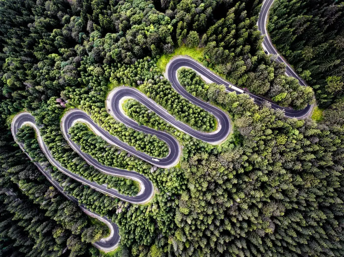 W serpentynach leśnej drogi, idealne trasy motocyklowe. Widok z lotu ptaka na kręty asfalt wśród drzew.