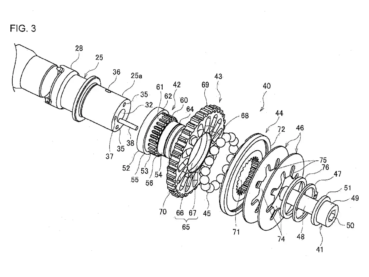 Rozłożony mechanizm z kołami zębatymi, łożyskami i wałkami, ilustrujący działanie zmienne fazy rozrządu.