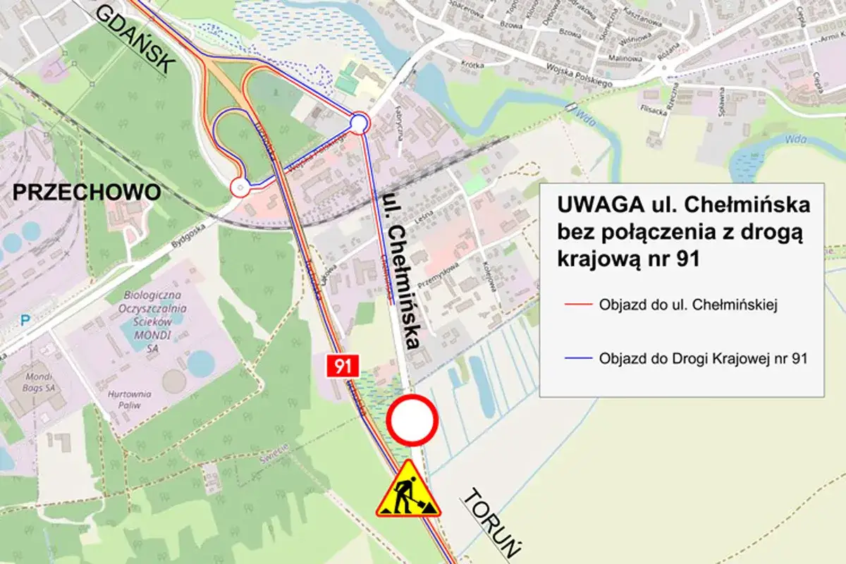 Mapa pokazuje objazdy z powodu braku połączenia ul. Chełmińskiej z drogą krajową nr 91.